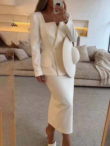 Two-Piece Blazer and Skirt Set with Square Neck and Button Detail