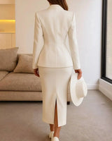 Two-Piece Blazer and Skirt Set with Square Neck and Button Detail