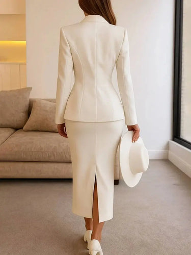 Two-Piece Blazer and Skirt Set with Square Neck and Button Detail