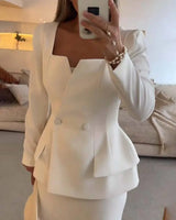 Two-Piece Blazer and Skirt Set with Square Neck and Button Detail