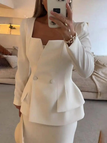 Two-Piece Blazer and Skirt Set with Square Neck and Button Detail