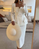 Two-Piece Blazer and Skirt Set with Square Neck and Button Detail