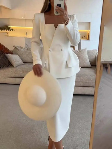 Two-Piece Blazer and Skirt Set with Square Neck and Button Detail