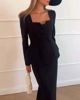 Two-Piece Blazer and Skirt Set with Square Neck and Button Detail