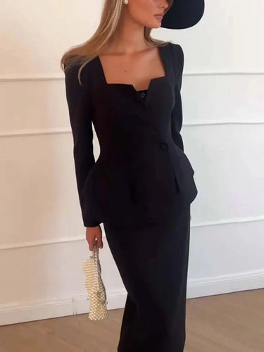 Two-Piece Blazer and Skirt Set with Square Neck and Button Detail