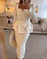 Two-Piece Blazer and Skirt Set with Square Neck and Button Detail