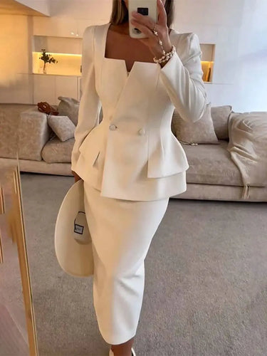Two-Piece Blazer and Skirt Set with Square Neck and Button Detail