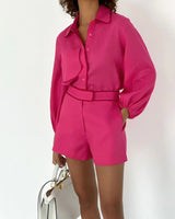 Two-Piece Cotton Linen Set Shorts Blouse