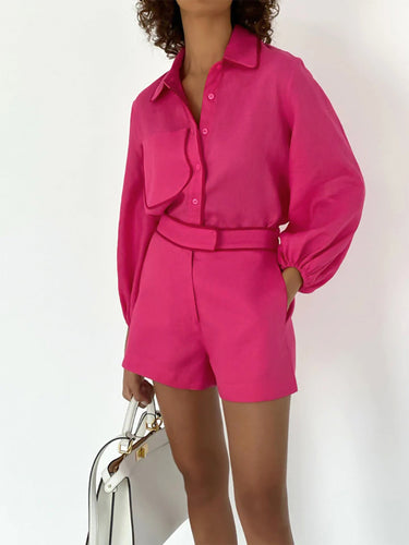 Two-Piece Cotton Linen Set Shorts Blouse