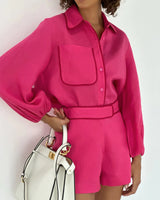 Two-Piece Cotton Linen Set Shorts Blouse