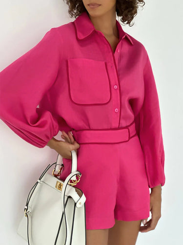 Two-Piece Cotton Linen Set Shorts Blouse