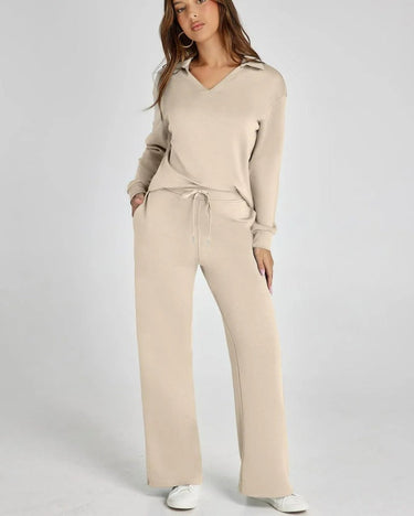 Two-Piece Loungewear Set with V-Neck Top and Wide-Leg Trousers