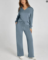 Two-Piece Loungewear Set with V-Neck Top and Wide-Leg Trousers