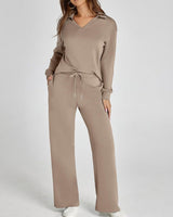 Two-Piece Loungewear Set with V-Neck Top and Wide-Leg Trousers