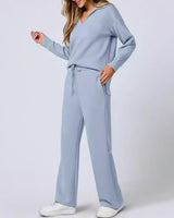 Two-Piece Loungewear Set with V-Neck Top and Wide-Leg Trousers