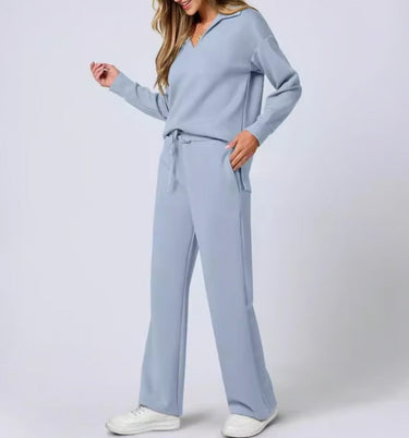 Two-Piece Loungewear Set with V-Neck Top and Wide-Leg Trousers