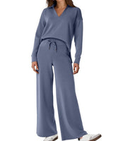 Two-Piece Loungewear Set with V-Neck Top and Wide-Leg Trousers