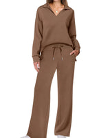 Two-Piece Loungewear Set with V-Neck Top and Wide-Leg Trousers