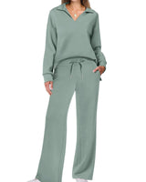 Two-Piece Loungewear Set with V-Neck Top and Wide-Leg Trousers