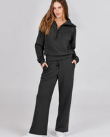 Two-Piece Loungewear Set with V-Neck Top and Wide-Leg Trousers