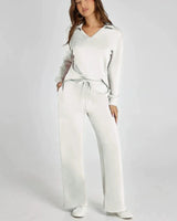 Two-Piece Loungewear Set with V-Neck Top and Wide-Leg Trousers