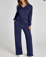Two-Piece Loungewear Set with V-Neck Top and Wide-Leg Trousers