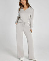 Two-Piece Loungewear Set with V-Neck Top and Wide-Leg Trousers
