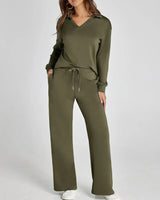 Two-Piece Loungewear Set with V-Neck Top and Wide-Leg Trousers