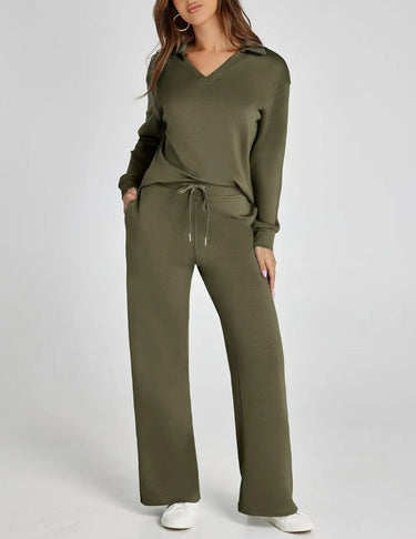 Two-Piece Loungewear Set with V-Neck Top and Wide-Leg Trousers