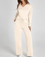 Two-Piece Loungewear Set with V-Neck Top and Wide-Leg Trousers