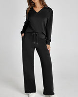 Two-Piece Loungewear Set with V-Neck Top and Wide-Leg Trousers