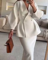Two-Piece Skirt Suit with Puff Sleeve Blazer and V-Neck Detail