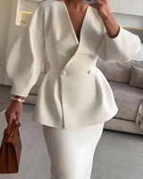 Two-Piece Skirt Suit with Puff Sleeve Blazer and V-Neck Detail