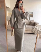 Two-Piece Skirt Suit with Puff Sleeve Blazer and V-Neck Detail