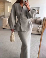 Two-Piece Skirt Suit with Puff Sleeve Blazer and V-Neck Detail
