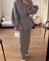 Two-Piece Skirt Suit with Puff Sleeve Blazer and V-Neck Detail