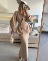 Two-Piece Skirt Suit with Puff Sleeve Blazer and V-Neck Detail
