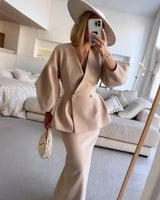 Two-Piece Skirt Suit with Puff Sleeve Blazer and V-Neck Detail