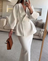 Two-Piece Skirt Suit with Puff Sleeve Blazer and V-Neck Detail
