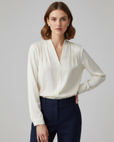 V Neck Blouse with Long Sleeves and Pleated Detail