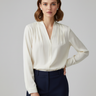 V Neck Blouse with Long Sleeves and Pleated Detail