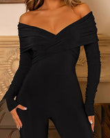 V-Neck Crossover Jumpsuit with Long Sleeves and Flared Trousers
