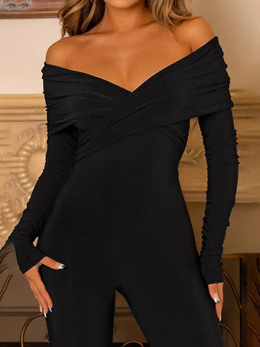 V-Neck Crossover Jumpsuit with Long Sleeves and Flared Trousers