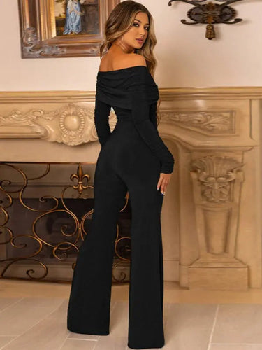 V-Neck Crossover Jumpsuit with Long Sleeves and Flared Trousers