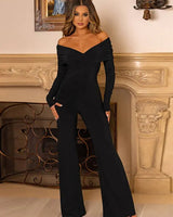 V-Neck Crossover Jumpsuit with Long Sleeves and Flared Trousers