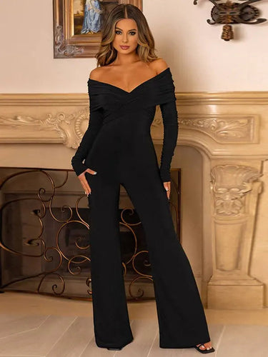 V-Neck Crossover Jumpsuit with Long Sleeves and Flared Trousers