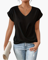 V-Neck Drape Front Blouse with Short Sleeves