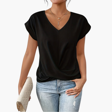 V-Neck Drape Front Blouse with Short Sleeves