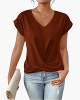 V-Neck Drape Front Blouse with Short Sleeves