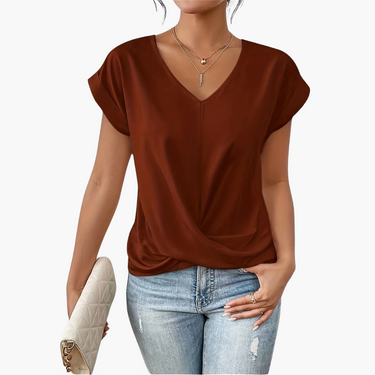 V-Neck Drape Front Blouse with Short Sleeves